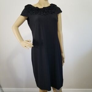 Taylor Black Floral Rosette Neckline Cap‎ Sleeve Sheath Dress Size 10 RN 67473